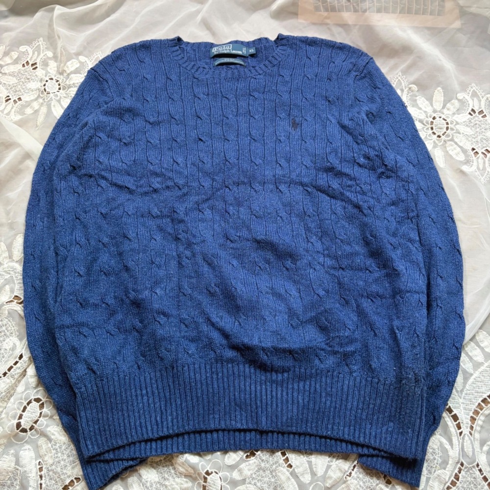 Polo Ralph Lauren Mens XL Blue 100% Silk Cable Knit Crewneck Sweater Pony Logo